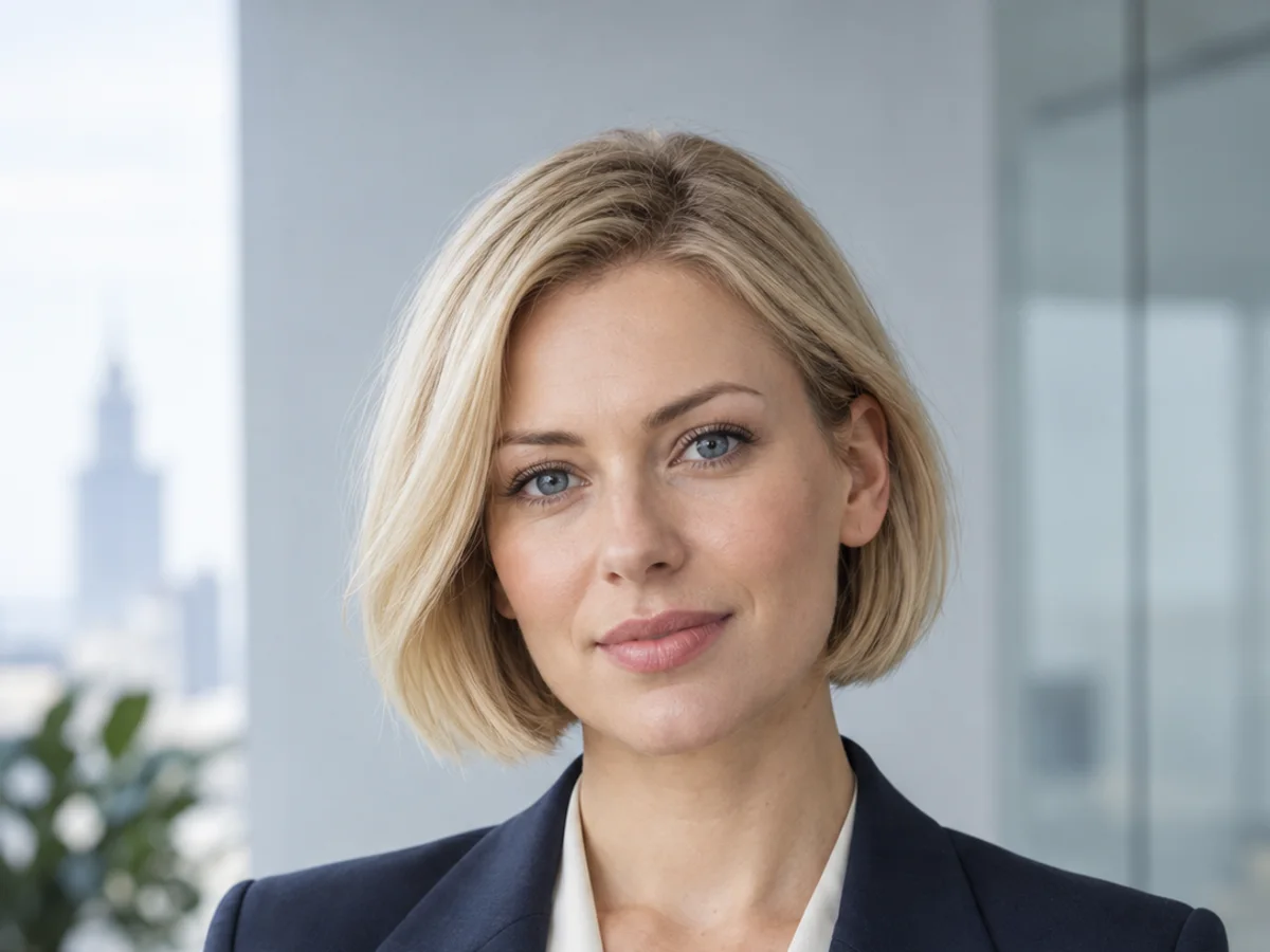 Portret blondynki w granatowym garniturze